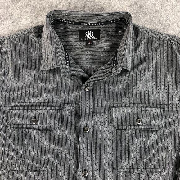 Rock & Republic Men Button Up Shirt Large Gray Striped Long Sleeve Metal Buttons - Picture 6 of 12